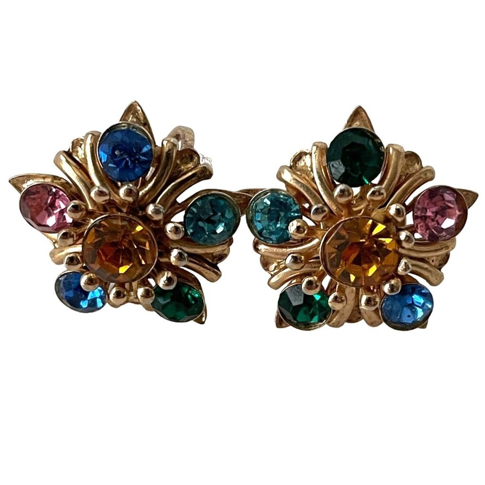 Vintage Nemo Earrings Multi‎ Color Round Stone Floral Screw Back Gold Toned